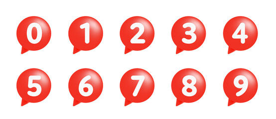 Numbers from 0 to 9 on red speech bubbles. Numbers 0-9. Vector.