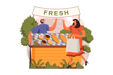 Poster - street shops web concept in flat design. woman buying fresh bread in street bakery shop. man baker s