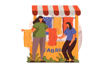 Poster - street shops web concept in flat design. woman sells fabrics for sewing clothes and curtains in stre