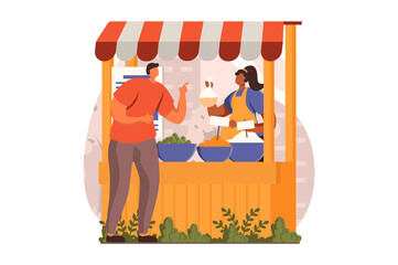 Poster - Street shops web concept in flat design. Woman sells spices and seasonings at street stall in bazaar. Man chooses ingredients for cooking in showcase kiosk. Vector illustration with people scene