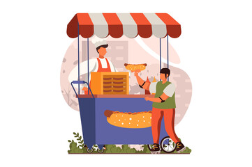 Poster - street shops web concept in flat design. man making hot dogs and selling snacks at street stall. boy