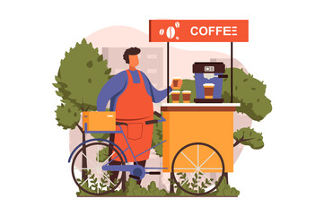 Poster - street shops web concept in flat design. man with bicycle buying coffee cup at street stall. client 