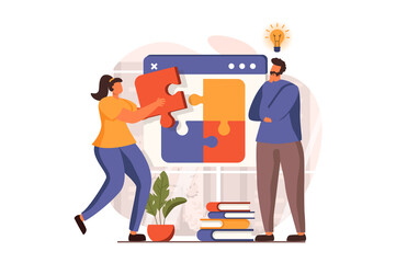 Aufkleber - Teamwork web concept in flat design. Man and woman build from puzzle pieces, generate new ideas, brainstorming, business innovation, goal achievement, leadership. Vector illustration with people scene