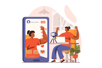 Poster - Video streaming web concept in flat design. Woman making live stream using camera. Followers watch broadcast from app. Online communication and social networks. Vector illustration with people scene