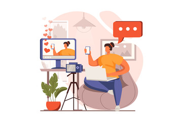 Poster - Video streaming web concept in flat design. Woman making review of new smartphone in live stream. Followers watch broadcast. Blogging and social networks. Vector illustration with people scene