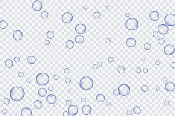 Wall Mural - Blue air bubbles, oxygen, champagne crystal clear, isolated on a transparent background of modern design. Vector illustration of EPS 10.