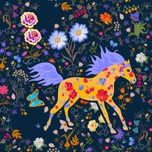 Seamless Print With Fabulous Orange Horse With Floral Pattern On Body And Fluttering Light Purple Mane Galloping Among Flowers On Black Background In Vector. Magic Seamless Joyful Animal Ornament.
