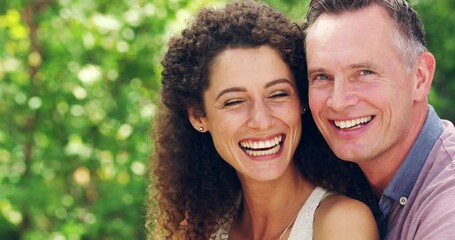 Canvas Print - Portrait of cheerful mature couple laughing with big smiles and bonding together in a garden or park outdoors with copyspace. Faces of happy man and woman in loving relationship enjoying carefree day