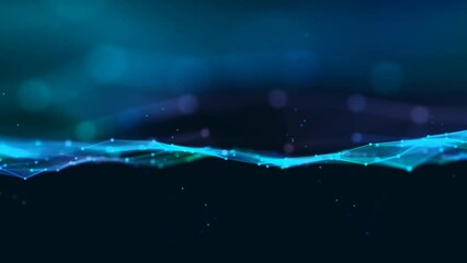 Poster - Animated background frame. Moving flow of wave cosmic energy. Plexus of stripes, dots. Digital network, field. Northern lights. Glow star. LED strip. Screensaver, logo, technology, business. 4k