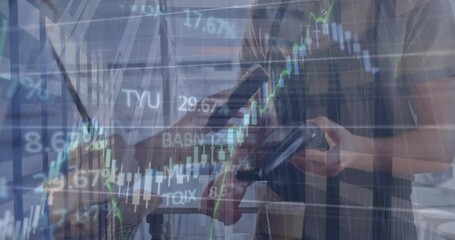 Poster - Animation of financial data processing and stock market over diverse people paying with smartphone