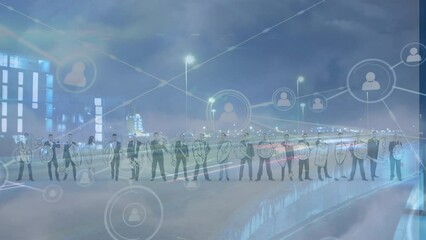 Canvas Print - Animation of network of connections and diverse people over cityscape