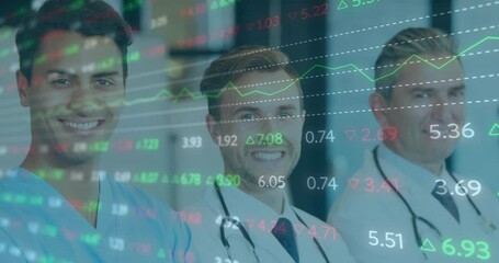 Poster - Stock market data processing over portrait of diverse doctors and health workers smiling at hospital