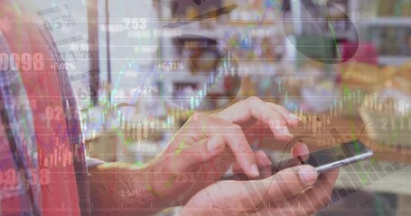 Poster - Animation of financial data over hands of caucasian people using payment terminal