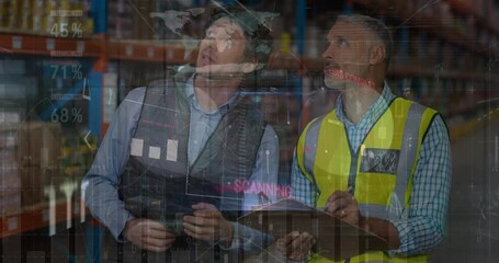 Poster - Animation of financial graphs over caucasian male warehouse workers