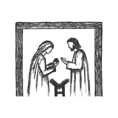 A drawing of a nativity scene. Joseph and Mary with little Jesus in a stable, a cave.