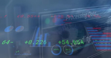 Aufkleber - Animation of financial data and graphs over woman eye on navy background