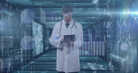 Wall Mural - Animation of diverse data on digital screens over caucasian male doctor using tablet