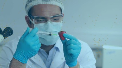Poster - Animation of spots over caucasian male scientist vaccinating