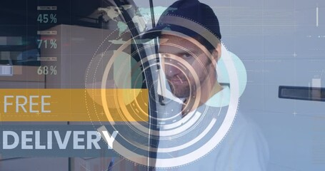 Poster - Animation of data processing over caucasian male deliverer with clipboard