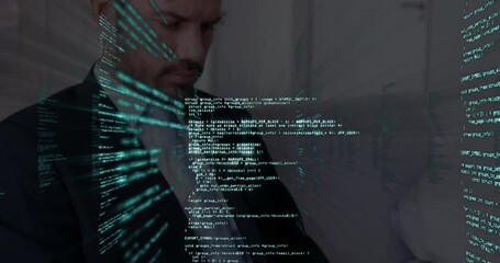 Poster - Animation of data processing over caucasian businessman using laptop