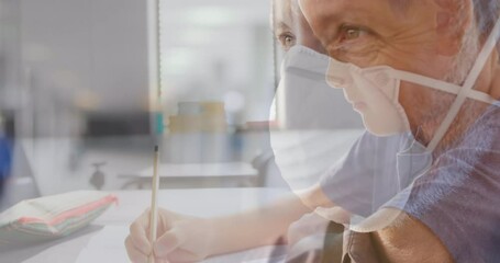 Poster - Animation of asian boy writing over senior caucasian man with face mask