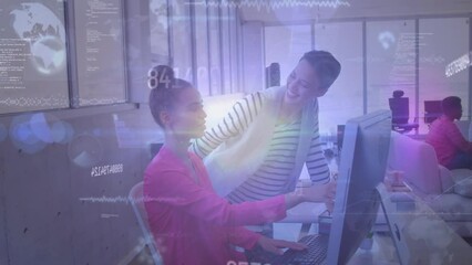 Poster - Animation of data processing over diverse business people using computers