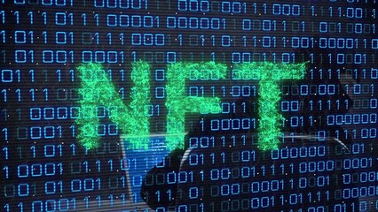 Aufkleber - Animation of data processing and nft text over caucasian male hacker using laptop