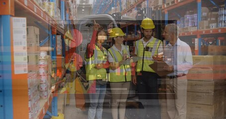 Poster - Animation of financial data over diverse female and male warehouse workers