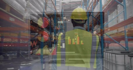 Poster - Animation of data on digital screen over back view of male warehouse worker