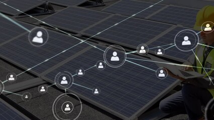 Poster - Animation of network of connections over caucasian man installing solar panels