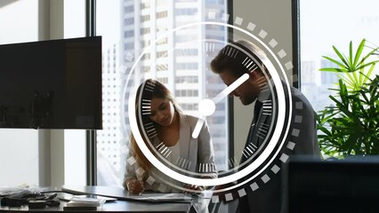 Poster - Animation of clock moving over diverse female and male coworkers in office