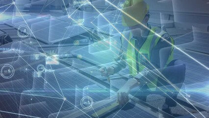 Poster - Animation of network of connections over caucasian man installing solar panels