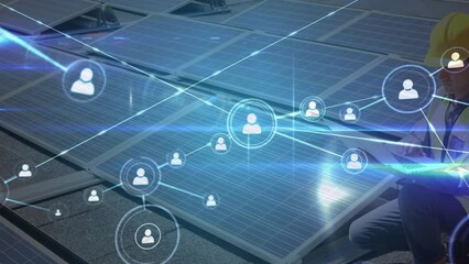 Poster - Animation of network of connections over caucasian man installing solar panels