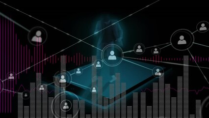 Poster - Animation of network of connections over graphs and human silhouette on black background