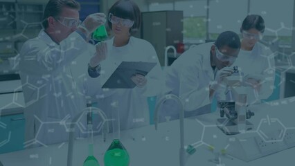 Poster - Animation of chemical formulas over diverse female and male lab workers using microscope