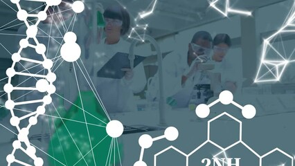 Poster - Animation of chemical formulas and dna over diverse female and male lab workers using microscope