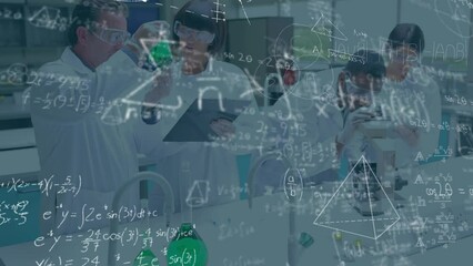Poster - Animation of chemical formulas over diverse female and male lab workers using microscope