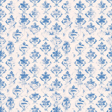 French Blue Vintage Floral On Blush Repeating Pattern Retro Design Element.