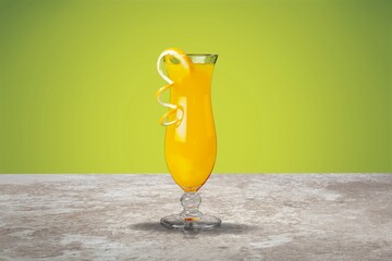 Sticker - Orange Juice on a color background, in bright light. Glass of Juice with blended orange. Summer tropical cocktail.