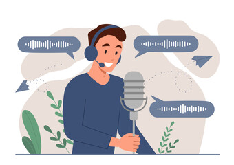 Wall Mural - Man recording podcast. Guy stands behind microphone, host of radio show. Production of audio files, interesting content for social networks. Modern technologies. Cartoon flat vector illustration