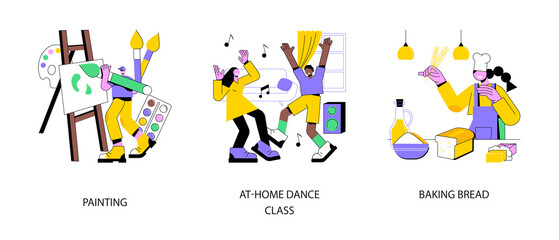 Poster - Stay home ideas abstract concept vector illustration set. Painting and art therapy, at-home dance class, baking bread, online sketching lesson, quarantine cooking, stress relief abstract metaphor.