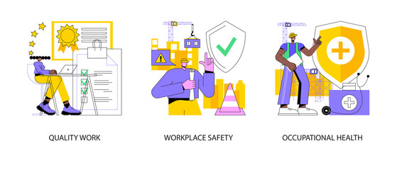 Poster - working environment abstract concept vector illustration set. quality work, workplace safety, occupa