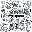 Artificial intelligence doodle vector illustration background, hand drawn