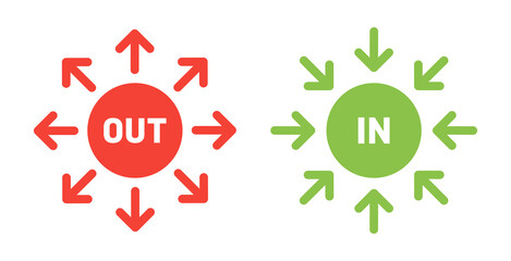 outside and inside circle and arrow vector symbol illustration. red out and green in sign.