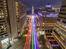Laser Lights Over San Francisco Market Street at Night During Pride Weekend