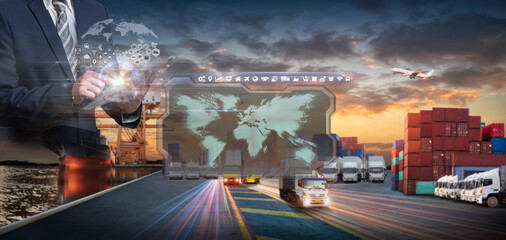 Multiple exposures of Businessman touching tablet for analyze stock at logistics port and world map with logistic network distribution on background, transportation trading business concept,