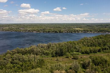 Port McNicoll drone panorama shot Northern central Ontario  blue skies blue lakes with clouds 