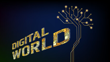 Wall Mural - Golden inscription Digital World in perspective and digital brain in form of tree on dark blue background.