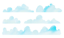 水彩画。水彩タッチの入道雲イラストセット。Watercolor Painting. Set Of Illustrations Of Iridescent Clouds With Watercolor Touch.