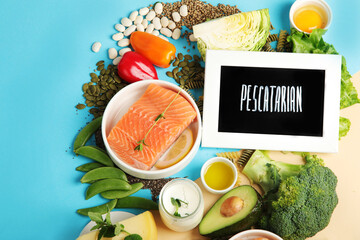 Poster - Pescatarian diet on colourful background.